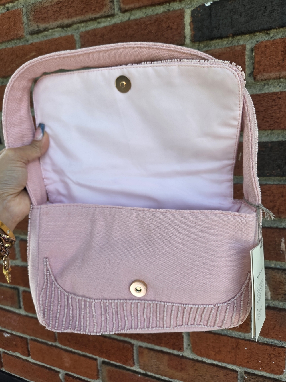 Pink Beaded Chili Pepper Shoulder Canvas Bag - Picture 4 of 5